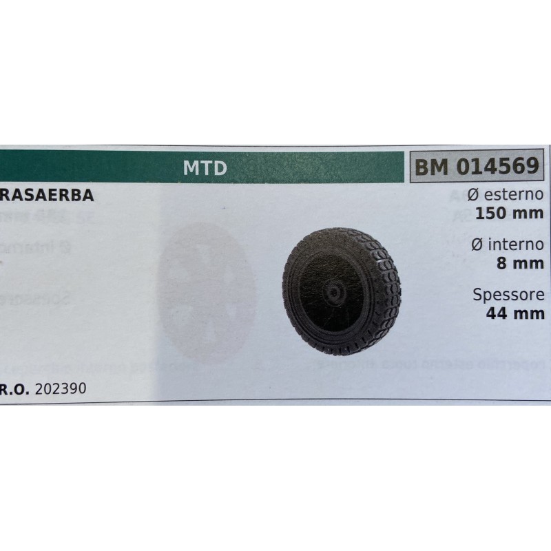 BRUMAR RUOTA RASAERBA MTD  RASAERBA  Ø esterno 150 mm Ø interno 8 mm spessore 44 mm  RO 202390
