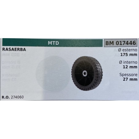 BRUMAR RUOTA RASAERBA MTD  RASAERBA  Ø esterno 175 mm Ø interno 12 mm spessore 27 mm  RO 274060