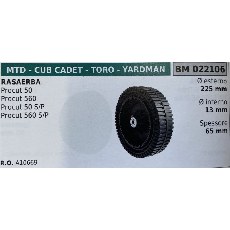 BRUMAR RUOTA RASAERBA MTD  CUB CADET  TORO  YARDMAN  RASAERBA Procut 50 Procut 560 Procut 50 SP Procut 560 SP  Ø esterno 225 mm
