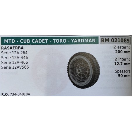 BRUMAR RUOTA RASAERBA MTD  CUB CADET  TORO  YARDMAN  RASAERBA Serie 12A264 Serie 12A446 Serie 12A466 Serie 12AV566  Ø esterno 2