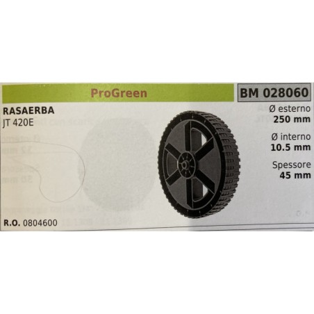 BRUMAR RUOTA RASAERBA PROGREEN  RASAERBA JT 420E  Ø esterno 250 mm Ø interno 105 mm spessore 40 mm  RO 0804600
