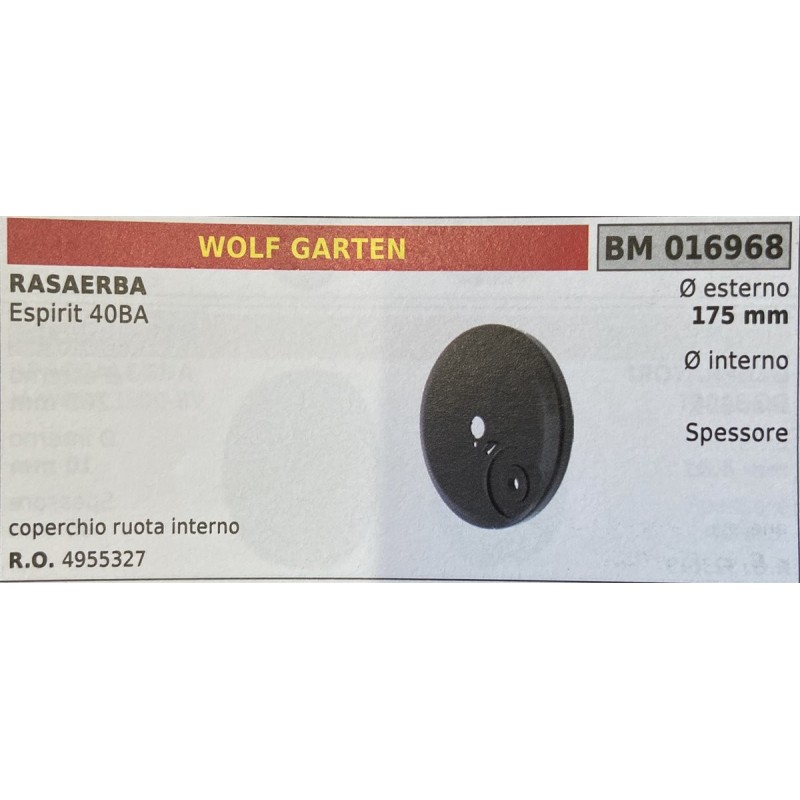 BRUMAR RUOTA RASAERBA WOLF GARTEN  RASAERBA Espirit 40BA  coperchio ruota interno Ø esterno 175 mm Ø interno  spessore   RO 495