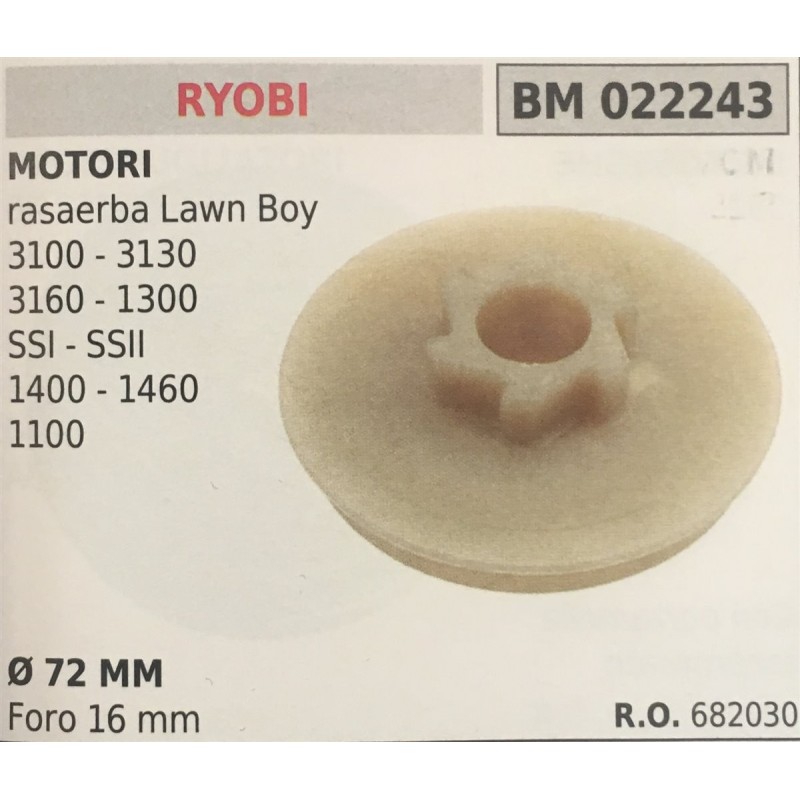PULEGGIA AVVIAMENTO BRUMAR RYOBI MOTORI rasaerba Lawn Boy 3100  3130 3160  1300 SSI  SSII 1400  1460 1100    Ø 72 MM foro 16 mm