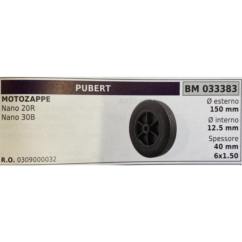 BRUMAR RUOTE VARIE PUBERT  MOTOZAPPE Nano 20R Nano 30B  Ø esterno 150 mm Ø interno 125 mm spessore 40 mm  RO 0309000032  6x150