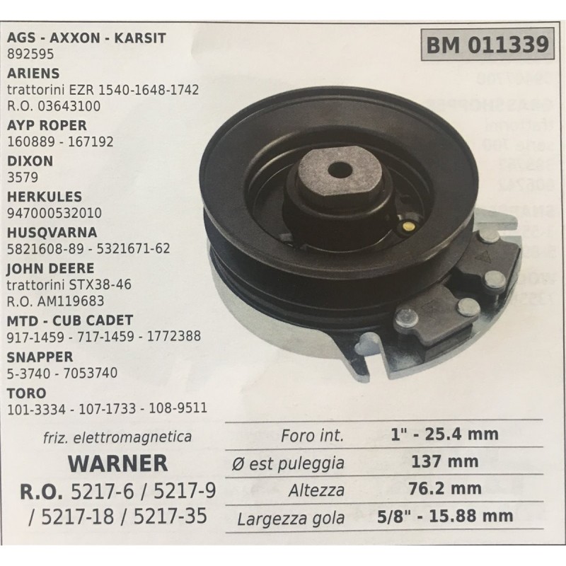 FRIZIONE ELETTROMAGNETICA BRUMAR WARNER AGS  AXXON  KARSIT 892595 ARIENS trattorini EZR 154016481742 RO 03643100 AYP ROPER 1608
