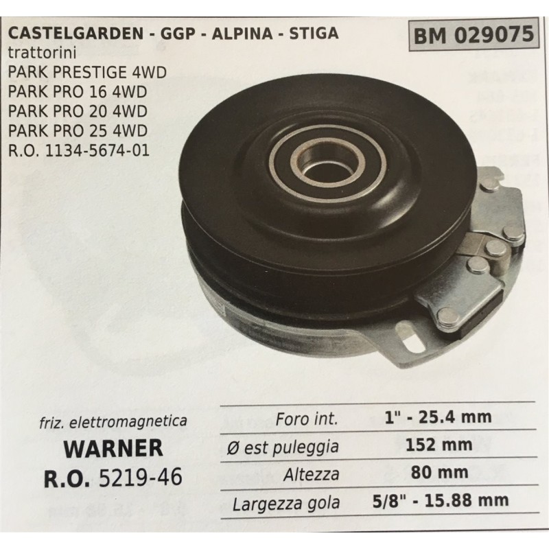 FRIZIONE ELETTROMAGNETICA BRUMAR WARNER CASTELGARDEN  GGP  ALPINA  STIGA trattorini  PARK PRESTIGE 4WD PARK PRO 16 4WD PARK PRO