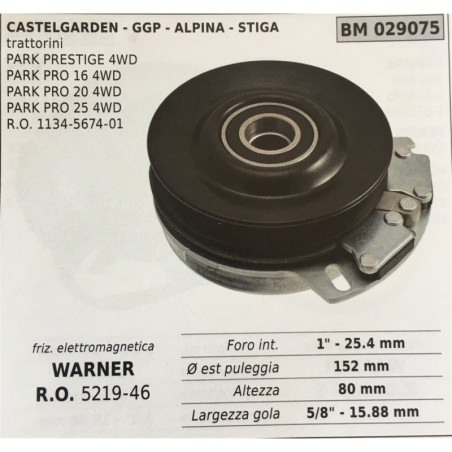 FRIZIONE ELETTROMAGNETICA BRUMAR WARNER CASTELGARDEN  GGP  ALPINA  STIGA trattorini  PARK PRESTIGE 4WD PARK PRO 16 4WD PARK PRO