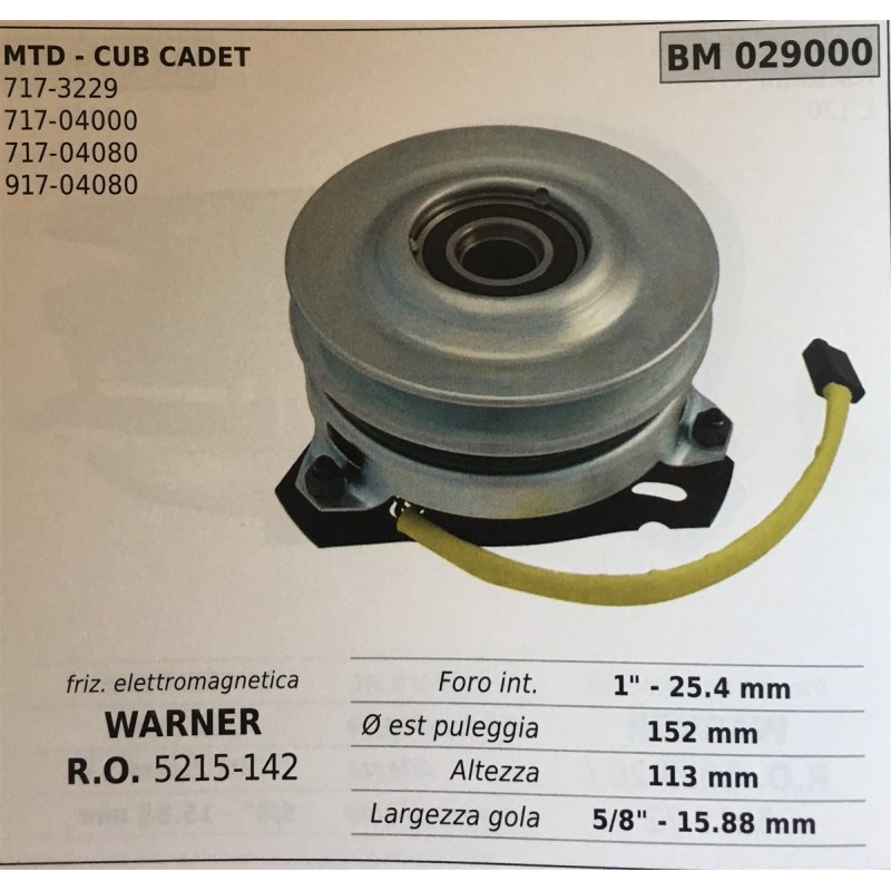 FRIZIONE ELETTROMAGNETICA BRUMAR WARNER MTD  CUB CADET 7173229 71704000 71704080 91704080    foro int 1  254 mm Ø est puleggia