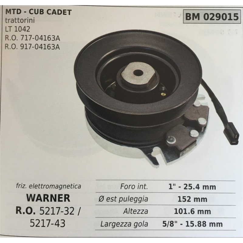 FRIZIONE ELETTROMAGNETICA BRUMAR WARNER MTD  CUB CADET trattorini  LT 1042 RO 71704163A RO 91704163A    foro int 1  254 mm Ø es