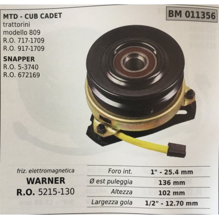 FRIZIONE ELETTROMAGNETICA BRUMAR WARNER MTD  CUB CADET trattorini  modello 809 RO 7171709 RO 9171709 SNAPPER RO 53740 RO 672169