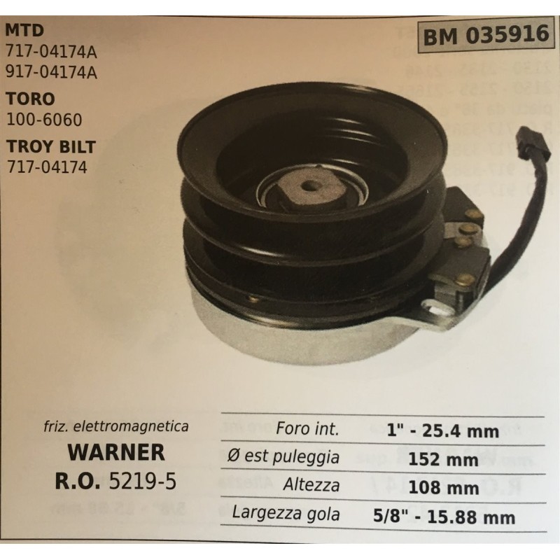 FRIZIONE ELETTROMAGNETICA BRUMAR WARNER MTD  71704174A 91704174A TORO 1006060 TROY BILT 71704174    foro int 1  254 mm Ø est pu