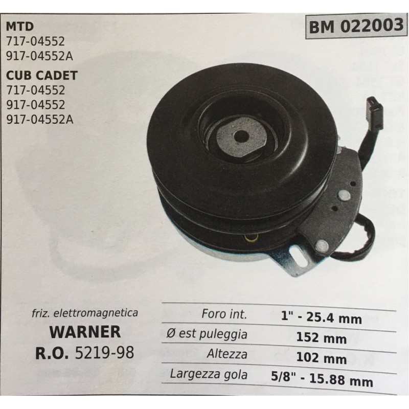 FRIZIONE ELETTROMAGNETICA BRUMAR WARNER MTD  71704552 91704552A CUB CADET 71704552 91704552 91704552A    foro int 1  254 mm Ø e