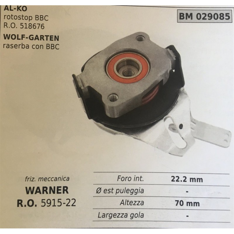 FRIZIONE MECCANICA BRUMAR WARNER ALKO rotostop BBC RO 518676 WOLFGARTEN rasaerba con BBC    foro int 222 mm Ø est puleggia  alt