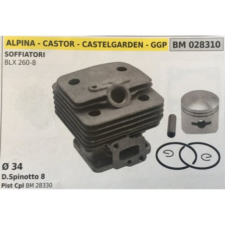 CILINDRO COMPLETO DI PISTONE E SEGMENTI BRUMAR  ALPINA  CASTOR  CASTELGARDEN  GGP SOFFIATORI BLX 2608    Ø 34 DSpinotto 8 Pist