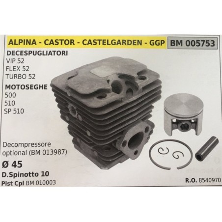 CILINDRO COMPLETO DI PISTONE E SEGMENTI BRUMAR  ALPINA  CASTOR  CASTELGARDEN  GGP DECESPUGLIATORI VIP 52 FLEX 52 TURBO 52 MOTOS