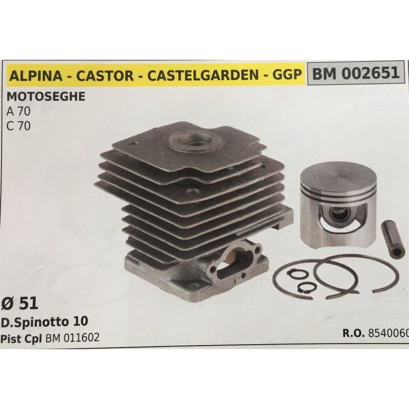 CILINDRO COMPLETO DI PISTONE E SEGMENTI BRUMAR  ALPINA  CASTOR  CASTELGARDEN  GGP MOTOSEGHE A 70 C 70    Ø 51 DSpinotto 10 Pist