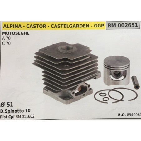 CILINDRO COMPLETO DI PISTONE E SEGMENTI BRUMAR  ALPINA  CASTOR  CASTELGARDEN  GGP MOTOSEGHE A 70 C 70    Ø 51 DSpinotto 10 Pist