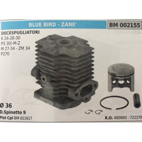 CILINDRO COMPLETO DI PISTONE E SEGMENTI BRUMAR  BLUE BIRD  ZANE' DECESPUGLIATORI K 242830 PS 30iMZ M 2734  ZM 34 P270    Ø 36 D