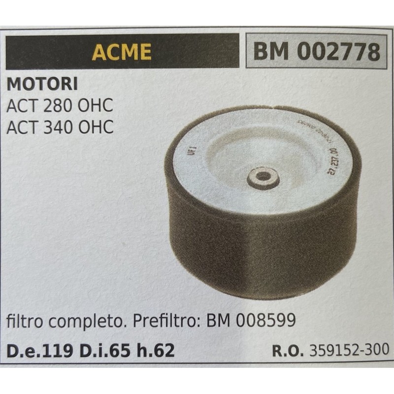 BRUMAR FILTRO ARIA ACME  MOTORI ACT 280 OHC ACT 340 OHC  filtro completo prefiltro: BM 008599 RO 359152300