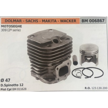 CILINDRO COMPLETO DI PISTONE E SEGMENTI BRUMAR  DOLMAR  SACHS  MAKITA  WACKER MOTOSEGHE 309 (2° serie)    Ø 47 DSpinotto 12 Pis