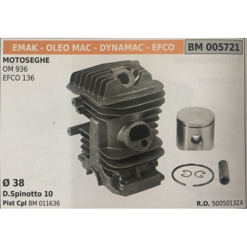 CILINDRO COMPLETO DI PISTONE E SEGMENTI BRUMAR  EMAK  OLEO MAC  DYNAMAC  EFCO MOTOSEGHE OM 936 EFCO 136    Ø 38 DSpinotto 10 Pi