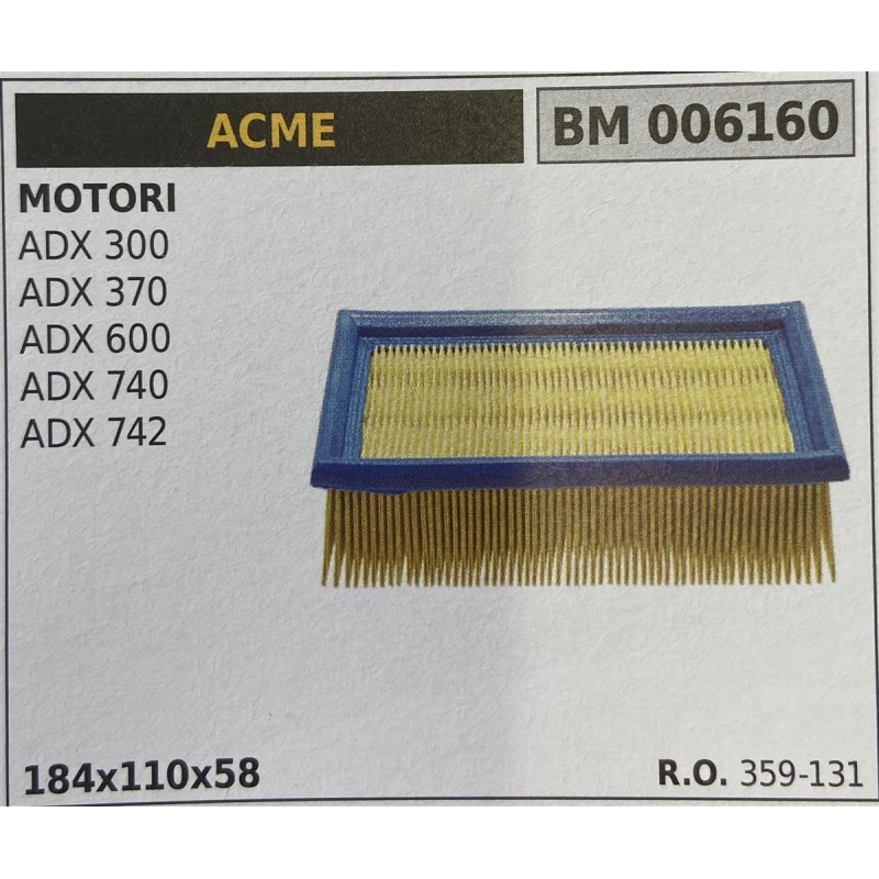 BRUMAR FILTRO ARIA ACME  MOTORI ADX 300 ADX 370 ADX 600 ADX 740 ADX 742  184x81x32 RO 359121
