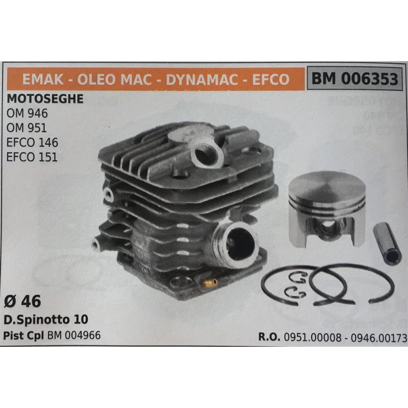CILINDRO COMPLETO DI PISTONE E SEGMENTI BRUMAR  EMAK  OLEO MAC  DYNAMAC  EFCO MOTOSEGHE OM 946 OM 951 EFCO 146 EFCO 151    Ø 46