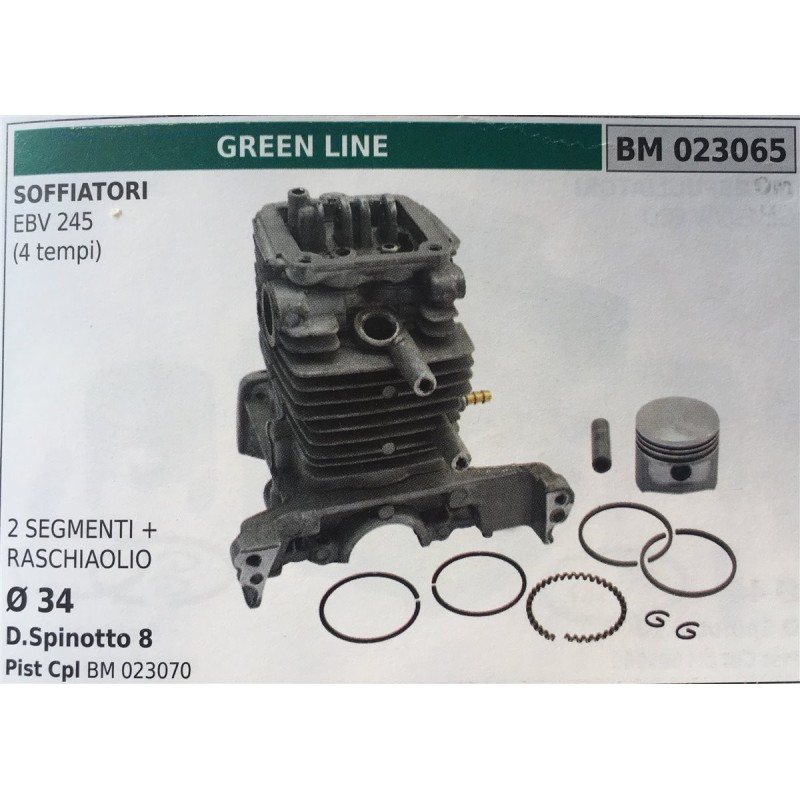 CILINDRO COMPLETO DI PISTONE E SEGMENTI BRUMAR  GREEN LINE SOFFIATORI EBV 245 (4 tempi)    2 SEGMENTI + RASCHIAOLIO Ø 34 DSpino