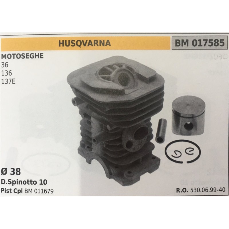 CILINDRO COMPLETO DI PISTONE E SEGMENTI BRUMAR  HUSQVARNA MOTOSEGHE 36 136 137E    Ø 38 DSpinotto 10 Pist Cpl BM 011660