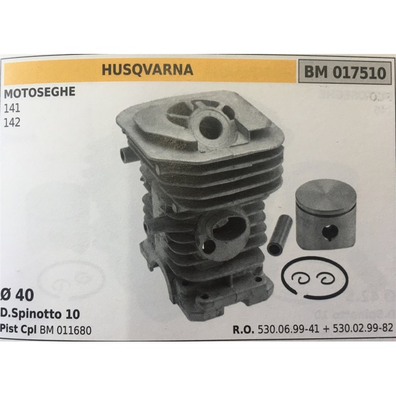 CILINDRO COMPLETO DI PISTONE E SEGMENTI BRUMAR  HUSQVARNA MOTOSEGHE 141 142    Ø 40 DSpinotto 10 Pist Cpl BM 011680