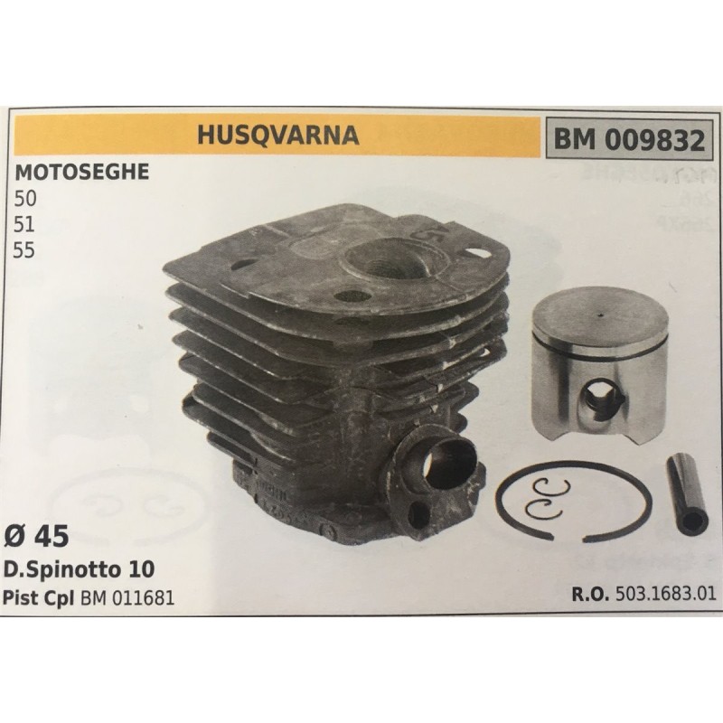 CILINDRO COMPLETO DI PISTONE E SEGMENTI BRUMAR  HUSQVARNA MOTOSEGHE 50 51 55    Ø 45 DSpinotto 10 Pist Cpl BM 011681