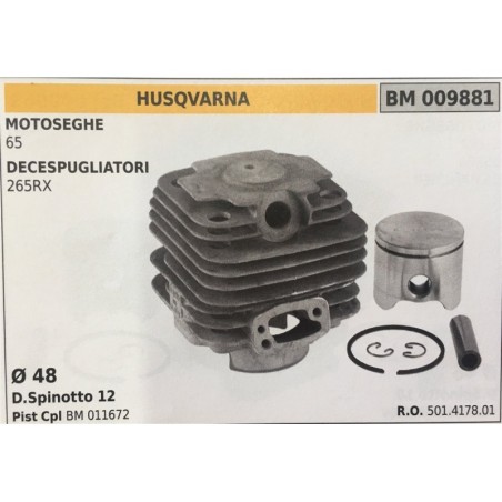 CILINDRO COMPLETO DI PISTONE E SEGMENTI BRUMAR  HUSQVARNA MOTOSEGHE 65 DECESPUGLIATORI 265RX    Ø 48 DSpinotto 12 Pist Cpl BM 0