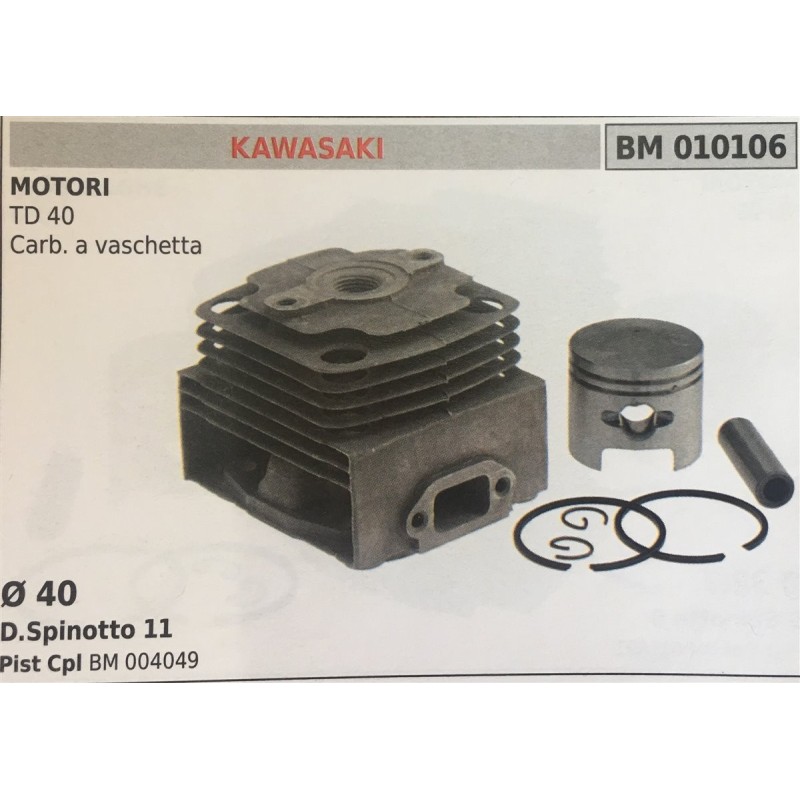 CILINDRO COMPLETO DI PISTONE E SEGMENTI BRUMAR  KAWASAKI MOTORI TD 40 Carb a vaschetta    Ø 40 DSpinotto 11 Pist Cpl BM 004049