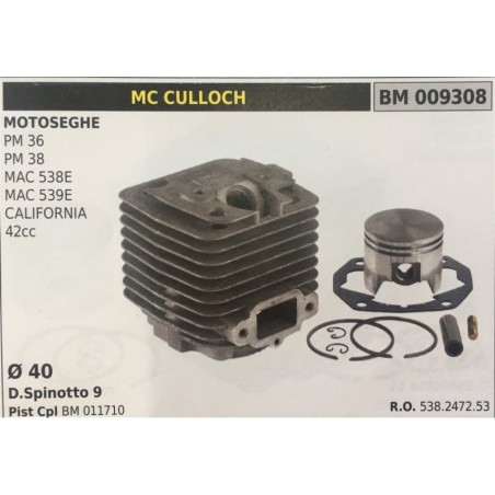 CILINDRO COMPLETO DI PISTONE E SEGMENTI BRUMAR  MC CULLOCH MOTOSEGHE PM 36 PM 38 MAC 538E MAC 539E CALIFORNIA 42cc    Ø 40 DSpi