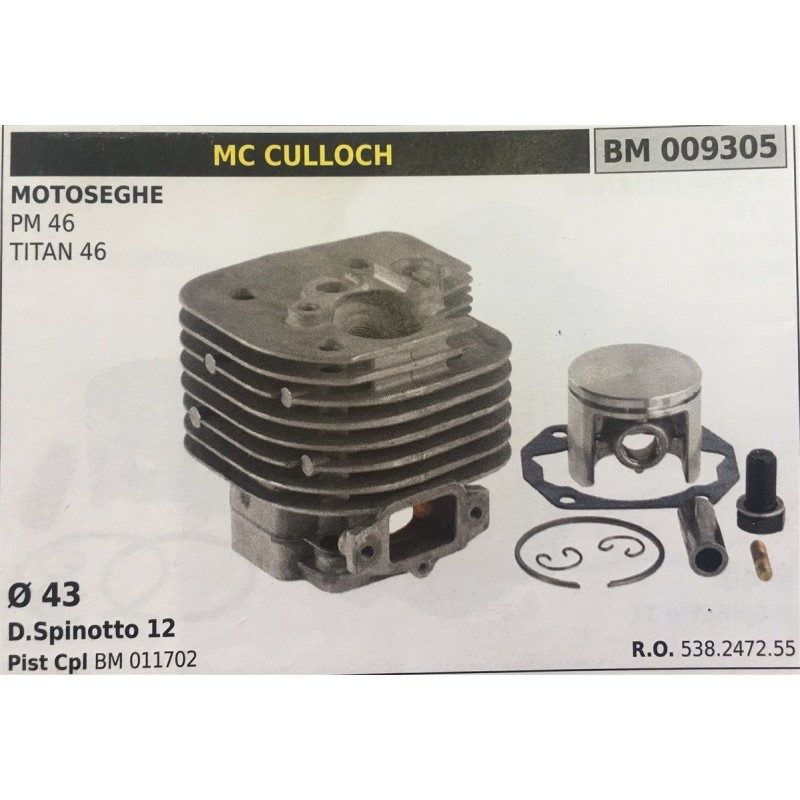 CILINDRO COMPLETO DI PISTONE E SEGMENTI BRUMAR  MC CULLOCH MOTOSEGHE PM 46 TITAN 46    Ø 43 DSpinotto 12 Pist Cpl BM 011702