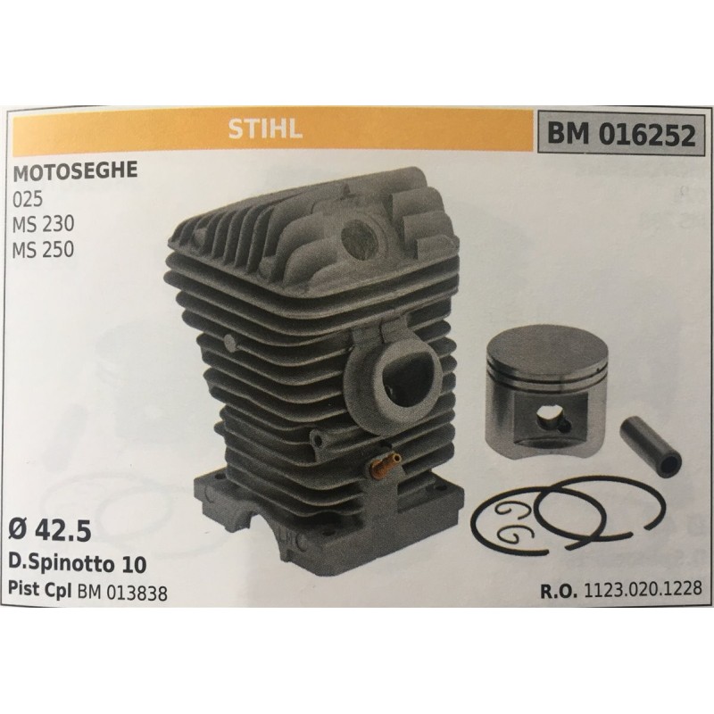 CILINDRO COMPLETO DI PISTONE E SEGMENTI BRUMAR STIHL MOTOSEGHE 025 MS 230 MS 250    Ø 425 D Spinotto 10 Pist Cpl BM 013838