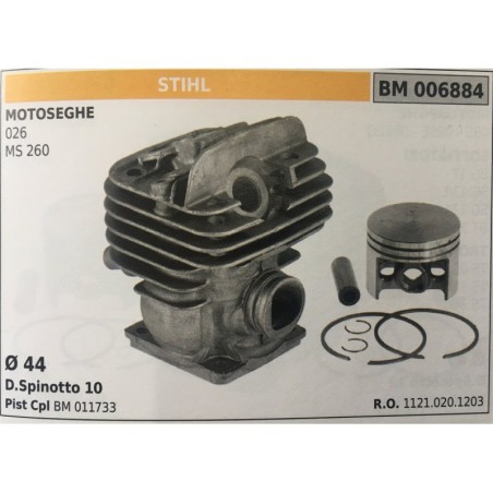 CILINDRO COMPLETO DI PISTONE E SEGMENTI BRUMAR STIHL MOTOSEGHE 026 MS 260    Ø 44 D Spinotto 10 Pist Cpl BM 011733