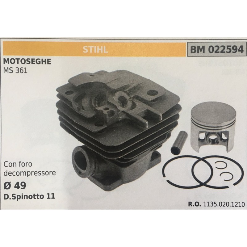CILINDRO COMPLETO DI PISTONE E SEGMENTI BRUMAR STIHL MOTOSEGHE MS 361    con foro decompressore  Ø 49 D Spinotto 11