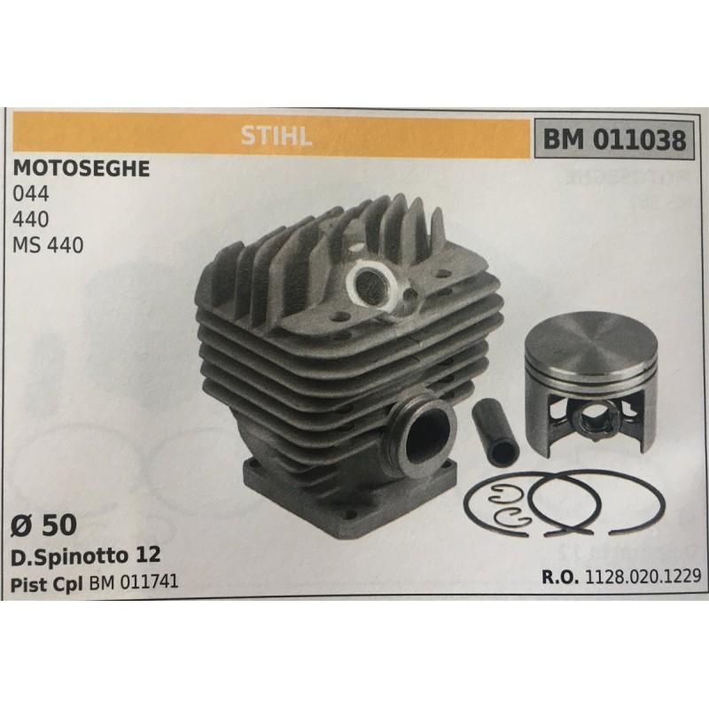 CILINDRO COMPLETO DI PISTONE E SEGMENTI BRUMAR STIHL MOTOSEGHE 044 440 MS 440    Ø 50 D Spinotto 12 Pist Cpl BM 011741