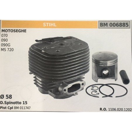 CILINDRO COMPLETO DI PISTONE E SEGMENTI BRUMAR STIHL MOTOSEGHE 070 090 090G MS 720    Ø 58 D Spinotto 15 Pist Cpl BM 011747