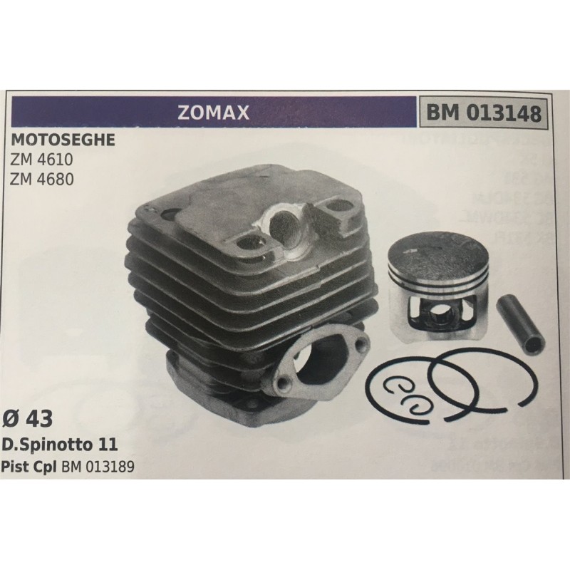 CILINDRO COMPLETO DI PISTONE E SEGMENTI BRUMAR ZOMAX MOTOSEGHE ZM 4610 ZM 4680    Ø 43 D Spinotto 11 Pist Cpl BM 013189