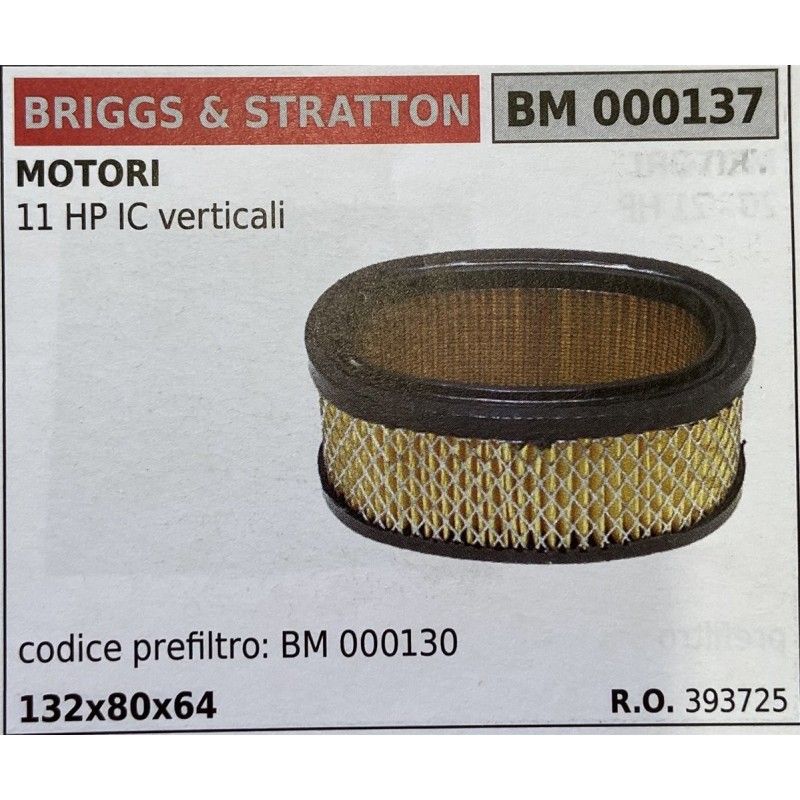BRUMAR FILTRO BRIGGS & STRATTON  MOTORI 11 HP IC verticali  codice prefiltro: BM 000130 132x80x64 RO 393725