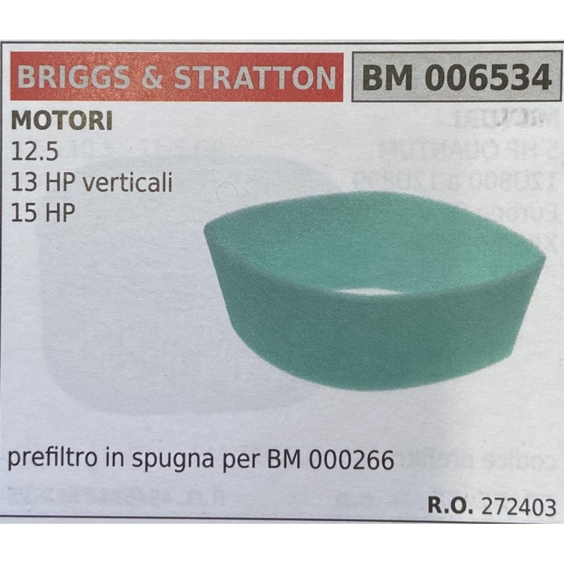 BRUMAR FILTRO BRIGGS & STRATTON  MOTORI 125 13 HP verticali 13 HP  prefiltro in spugna per BM 000266 RO 272403