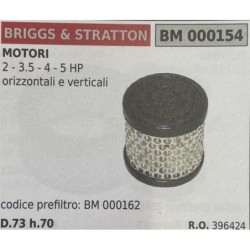 BRUMAR FILTRO BRIGGS & STRATTON  MOTORI 2  35  4  5 HP orizzontali e verticali  codice prefiltro: BM 000162 D73 h70 RO 396424