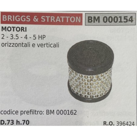 BRUMAR FILTRO BRIGGS & STRATTON  MOTORI 2  35  4  5 HP orizzontali e verticali  codice prefiltro: BM 000162 D73 h70 RO 396424