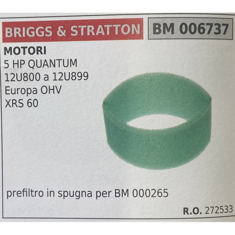 BRUMAR FILTRO BRIGGS & STRATTON  MOTORI 5 HP QUANTUM 12U800 a 12U899 Europa OHV XRS 60  prefiltro in spugna per BM 000265 RO 27