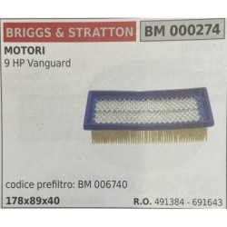 BRUMAR FILTRO BRIGGS & STRATTON  MOTORI 9 HP Vanguard  codice prefiltro: BM 006740 178x89x40 RO 491384  691643