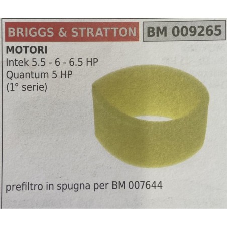 BRUMAR FILTRO BRIGGS & STRATTON  MOTORI Intek 55  6  65 HP Quantum 5 HP (1° serie)  prefiltro in spugna per BM 007644 RO