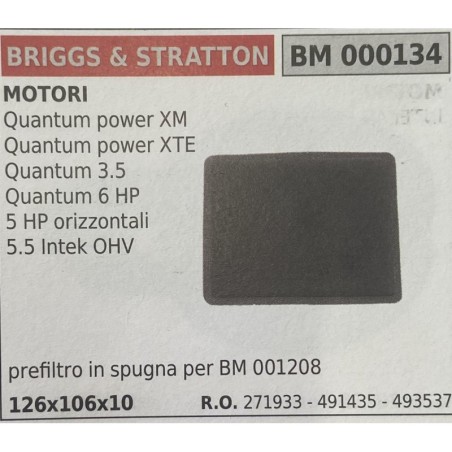 BRUMAR FILTRO BRIGGS & STRATTON  MOTORI Quantum power XM Quantum power XTE Quantum 35 Quantum 6 HP 5 HP orizzontali 55 Intek OH