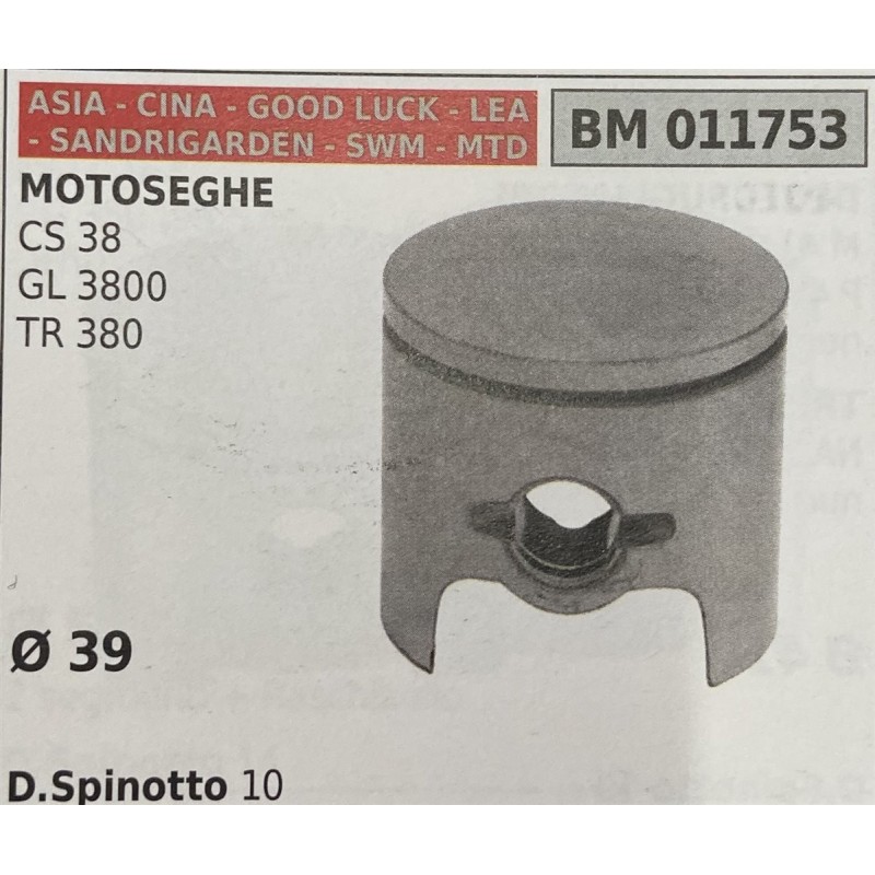 BRUMAR PISTONE COMPLETO ASIA  CINA  GOOD LUCK  LEA  SANDRIGARDEN  SWM  MTD MOTOSEGHE CS 38 GL 3800 TR 380  Ø 39 DSpinotto 10  R